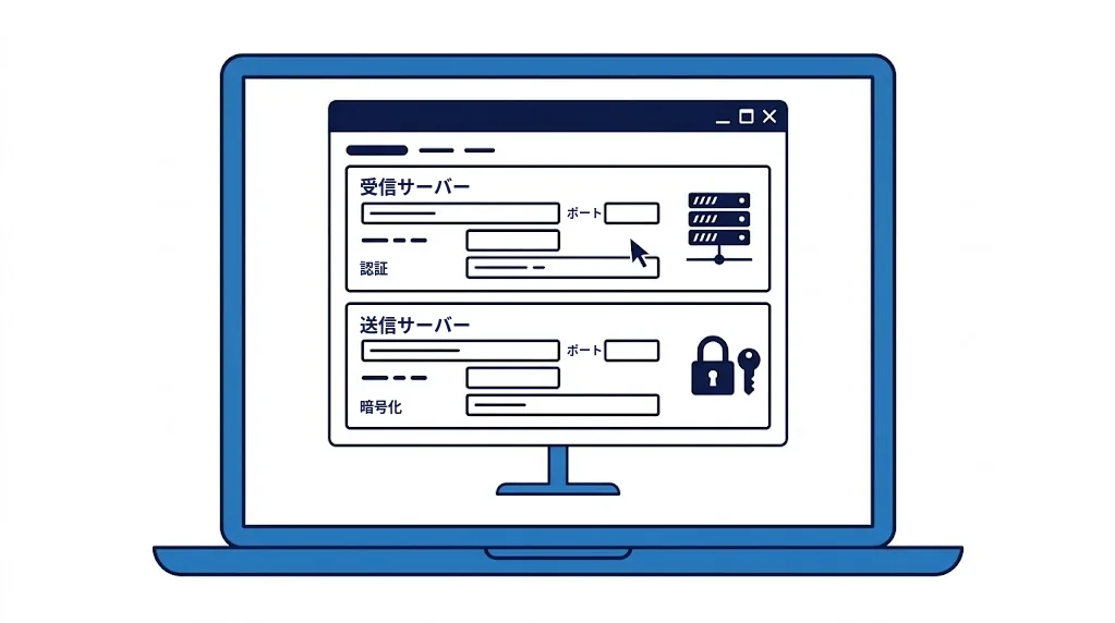 メールソフトで受信・送信サーバーを設定するイラスト