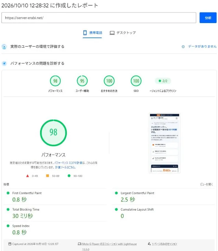 PageSpeed Insightsで当サイトを計測した結果（モバイル・改善後）
