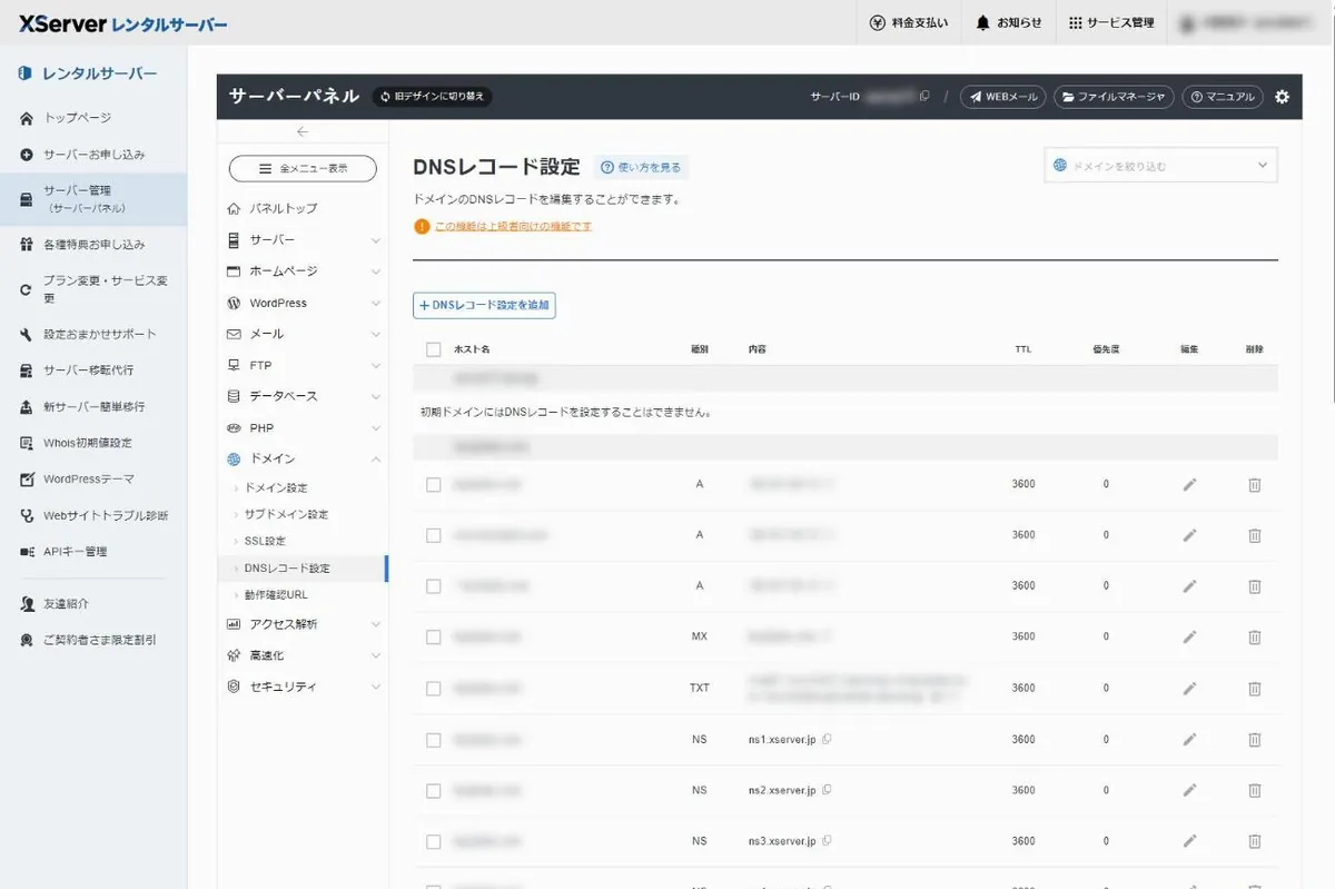 サーバーパネルのDNSレコード設定画面